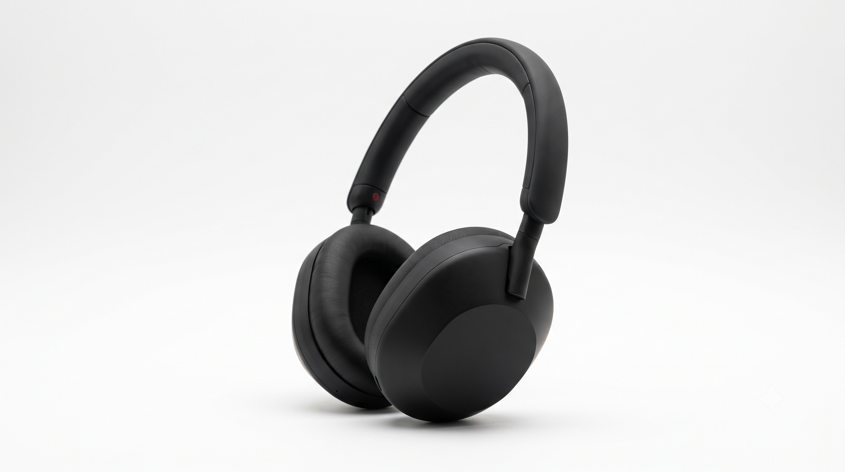 Premium over-ear headphones floating slightly, showing detailed texture and modern metallic finish.